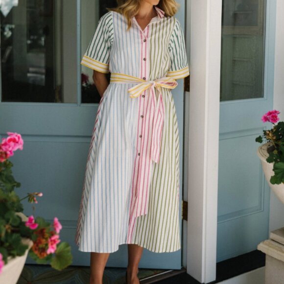 Parterre Dresses & Skirts - Parterre Vera Striped Multicolor Belted Shirt Dress